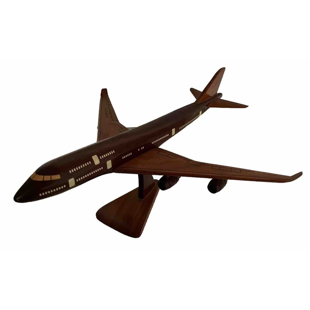 Vintage 747-400 Desk Top Model 16” Hand Crafted Mahogany Airplane w/ Stand Solid